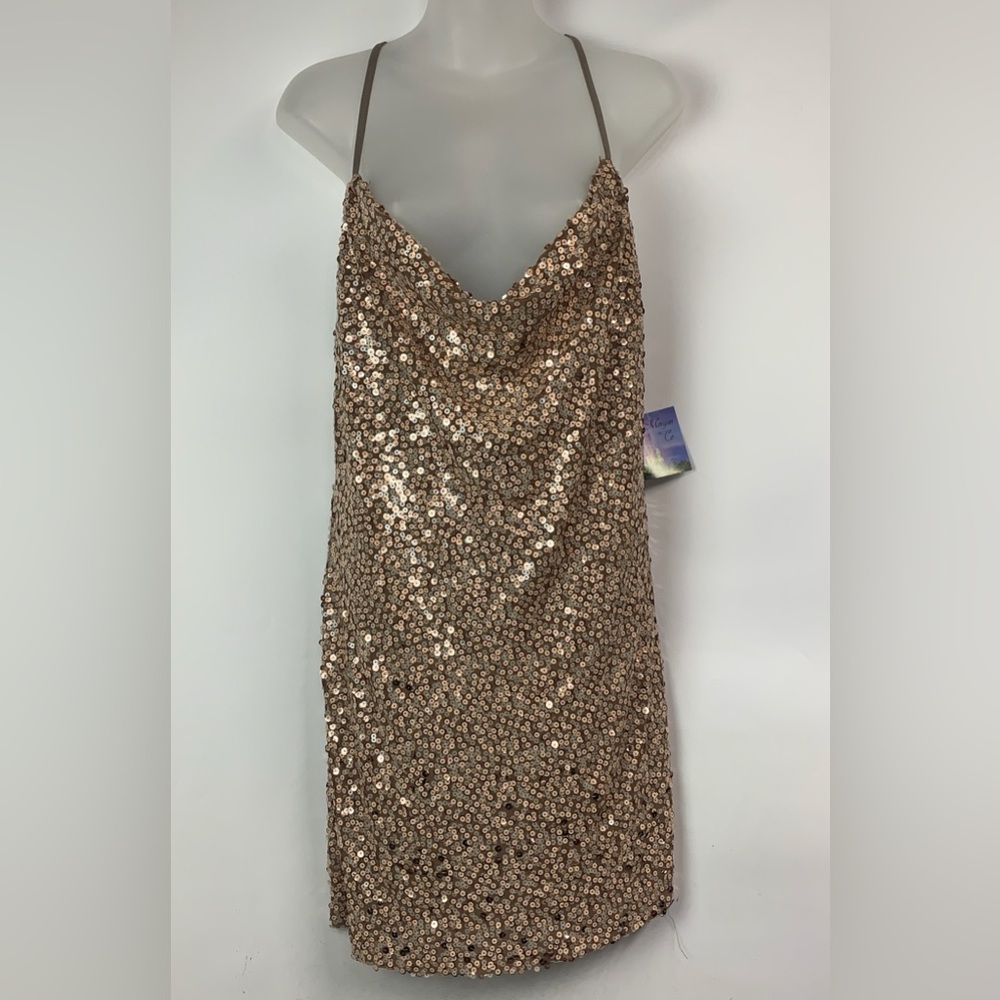 NEW Morgan & Co Women's Sequin Cowl Neck Spaghetti Strap Slip Dress Gold Size L